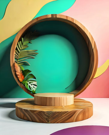 Wooden podium for product display with tropical leaves. 3d renderingの素材