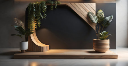 Interior of modern living room with wooden shelf and plants. 3d renderの素材
