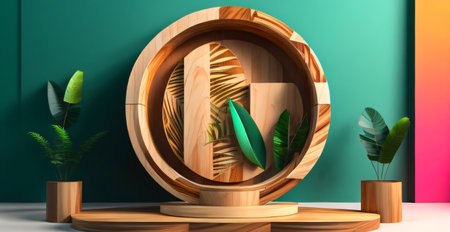 Wooden barrel on green wall background, 3d rendering illustration.の素材