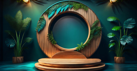 3d render, round wooden podium on blue background, with tropical plants.の素材