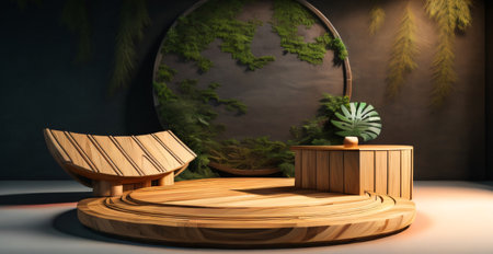 Wooden bench in the room. 3d rendering.3d illustration.の素材