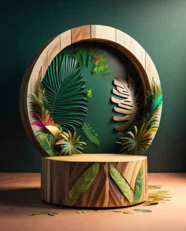 Wooden barrel with tropical leaves on green background. 3d renderingの素材