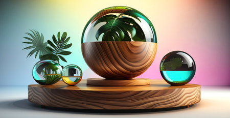 3d illustration of glass sphere with house and palm leaves on backgroundの素材