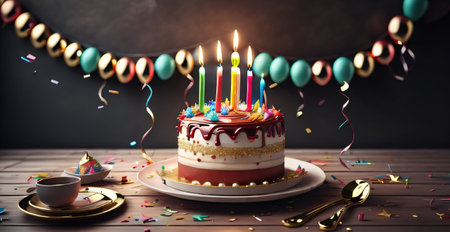 Birthday cake with burning candles and balloons on wooden table. 3d illustrationの素材