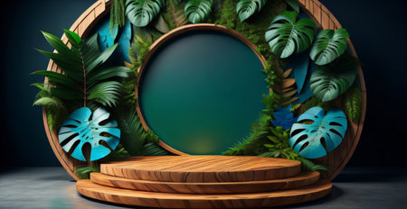 3d render of round stage podium with tropical plants on blue backgroundの素材