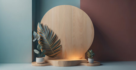 Wooden podium with tropical leaves in the room. 3d renderingの素材