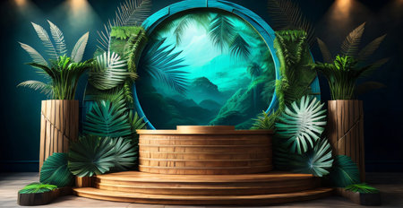 3D rendering of a fantasy scene with a round podium surrounded by tropical plants.の素材
