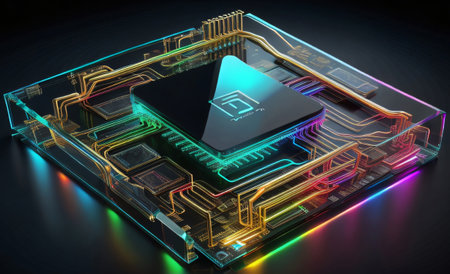 3d illustration of cpu with microcircuit on black background.の素材