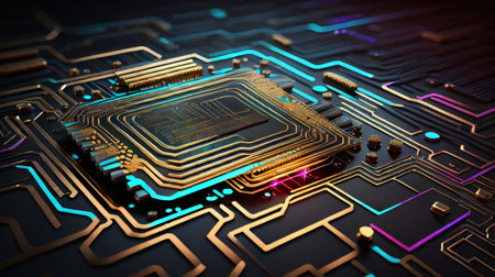 Circuit board close-up. Technology background. 3d renderingの素材