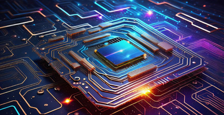 Circuit board with microchips and connections. 3d renderingの素材