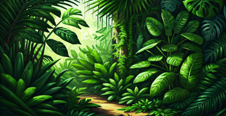 Tropical jungle background. Nature and environment concept. Vector illustrationの素材