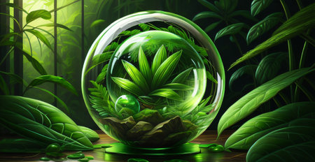 Transparent glass ball with green plants inside, 3d illustration.の素材
