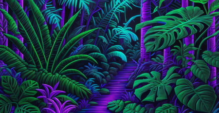 Tropical jungle background with palm trees and monstera leaves.の素材