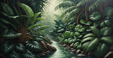 Tropical jungle landscape background. 3d render illustration design.の素材