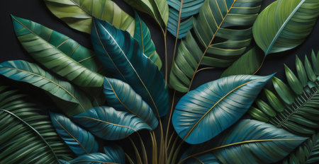 Tropical leaves on dark background. Nature and environment concept.の素材
