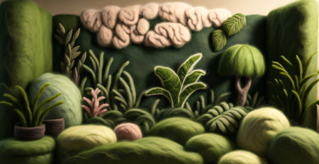 Green interior design with plants and yarn, 3d rendering. Computer digital drawing.の素材