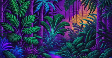 Tropical jungle background with palm trees and plants. Vector illustration.の素材