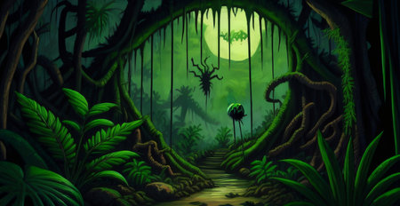 Fantasy landscape with scary dark forest and full moon - illustration for childrenの素材