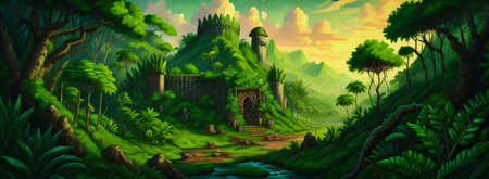 Fantasy landscape with castle in the jungle - illustration for children.の素材
