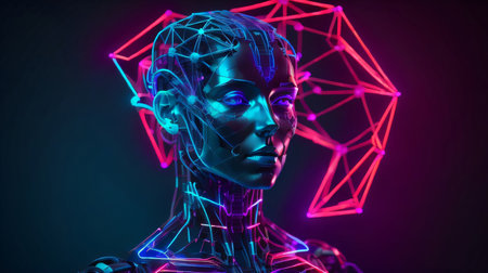 Cyborg woman with glowing polygonal wireframe. 3D renderingの素材