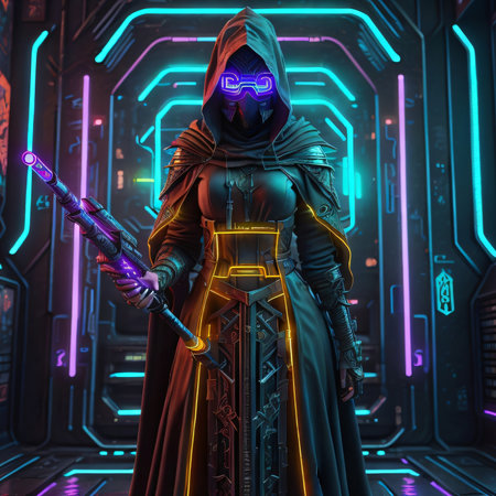 Futuristic cyborg woman in dark futuristic corridor with neon lightsの素材