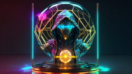 3D illustration of crystal ball with human silhouette inside and colorful neon lights.の素材