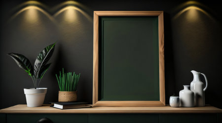 Blank green chalkboard on shelf in dark room, 3D renderingの素材
