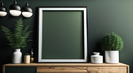 Interior of modern living room with green walls, wooden chest of drawers and green mock up poster frame. 3d renderingの素材