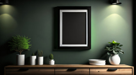 Interior of modern living room with green walls, concrete floor, wooden cabinet and black mock up poster frame. 3d renderingの素材