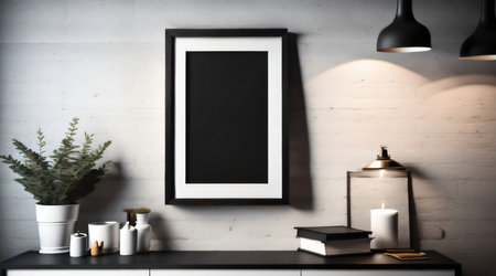 Black frame mockup hanging on the wall, 3d render illustrationの素材