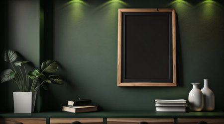 Mock up poster frame on green wall in living room, 3d renderの素材