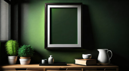 Interior of living room with empty frame on the wall, 3d renderの素材