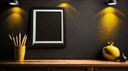 Blank picture frame hanging on black wall, 3D Renderingの素材