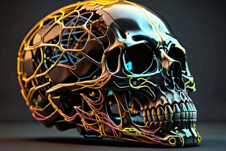 3d illustration of human skull with wireframe structure on dark backgroundの素材
