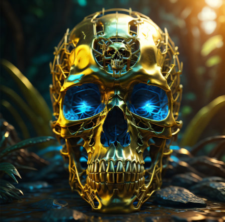 3d illustration of a golden skull in the forest. Halloween conceptの素材