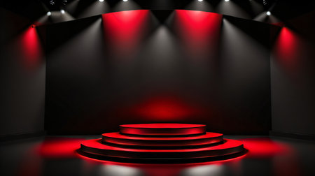 Stage podium with lighting, Stage Podium Scene with for Award Ceremony on black Background, 3d renderの素材