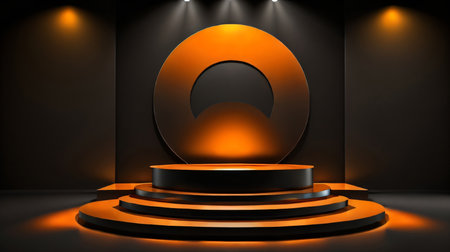 Round podium illuminated with spotlight. Award ceremony concept. Stage backdrop. Vector illustrationの素材