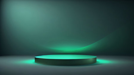 Green podium on dark background, 3d rendering. Computer digital drawing.の素材
