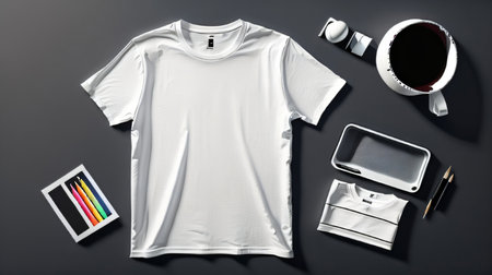 White t-shirt mockup on black background with coffee cup and stationery.の素材