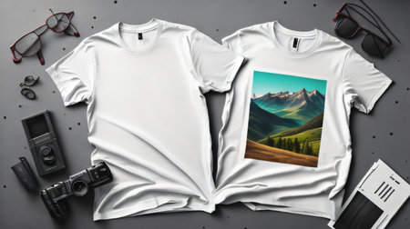 White T-Shirt Mock-Up With Photo Camera, Glasses, Sunglasses and Mountain Viewの素材