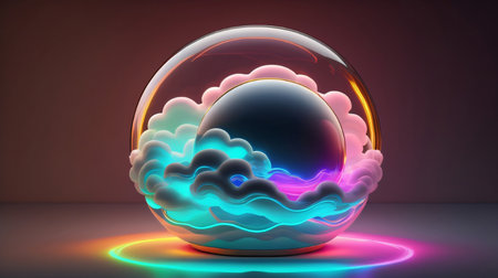 3d illustration of a crystal ball with colorful clouds in it.の素材