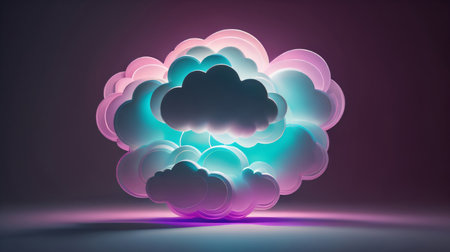 3D rendering of cloud in neon light on a purple background.の素材