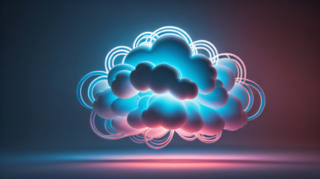 3d rendering of abstract cloud with neon lights on dark blue backgroundの素材