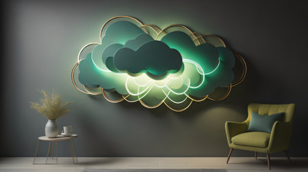Comfortable armchair with cloud and glowing lights on the wall. 3d renderingの素材