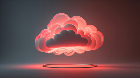 3d render, abstract red cloud with neon light, round pedestalの素材