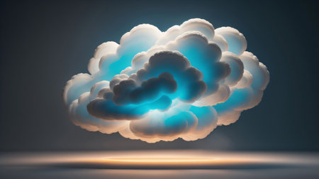 3D rendering of a white cloud in blue light on a dark backgroundの素材