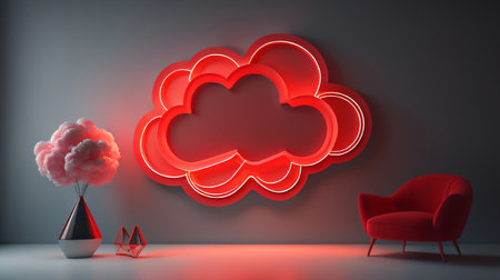 3D illustration of a modern interior with a red armchair and cloudsの素材