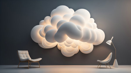 Modern interior design with cloud and armchair. 3D Renderingの素材