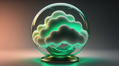 Crystal ball with cloud inside. 3D rendering. Neon light.の素材