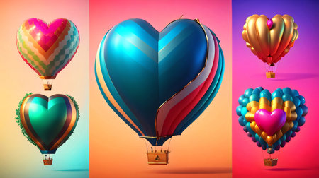 Colorful hot air balloons in the shape of a heart. 3d illustrationの素材